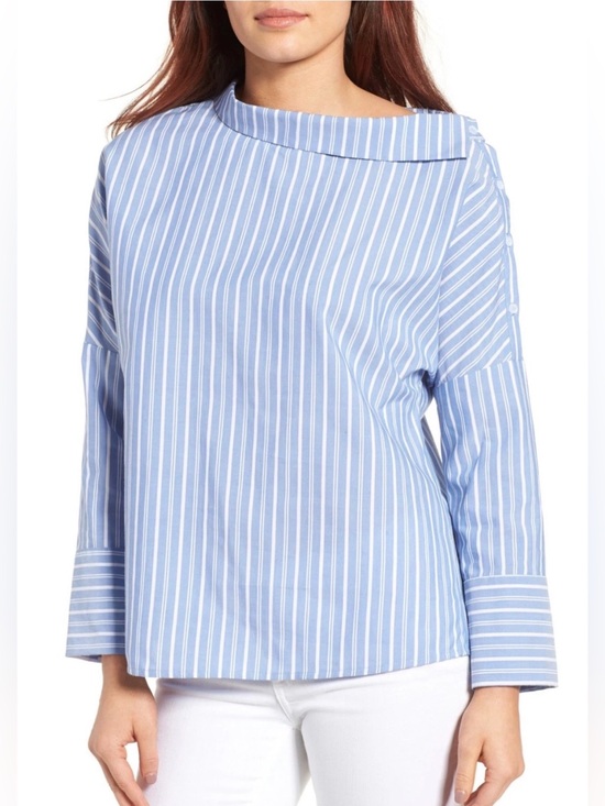 Gibson Tops - Gibson Asymmetrical Collar Blue White Stripe Top Cotton Blend Pullover Shirt LG